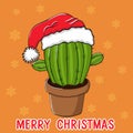 Christmas little cactus in santas hat in flower pot, cute emoji face character, new year exotic tropical decoration -