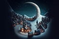 Christmas little town moonlit at night, snowing landscape.