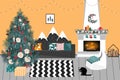 Christmas living room with a christmas tree and presents under it - modern scandinavian style, vector illustration Royalty Free Stock Photo