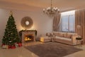 Christmas living room with fireplace, tree and presents