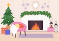 Christmas living room. House fireplace, inside winter home interior. Holiday cozy atmosphere, xmas tree and gifts, racy Royalty Free Stock Photo