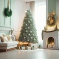 Christmas living room interior with a Christmas tree, fireplace and gifts. 3d rendering Royalty Free Stock Photo