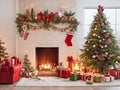 Christmas living room interior with Christmas tree, gifts and fireplace, postcard Royalty Free Stock Photo