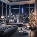 Christmas living room interior with a Christmas tree and presents. Panoramic window overlooking New York at night. Royalty Free Stock Photo