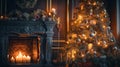 Christmas living room interior with decorated fireplace, candles and xmas tree. Royalty Free Stock Photo