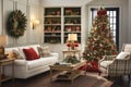 Christmas living room interior with white sofa and Christmas tree. 3d render Royalty Free Stock Photo