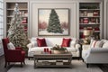 Christmas living room interior with white sofa and Christmas tree. 3d render Royalty Free Stock Photo