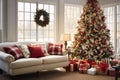 Christmas living room interior with white sofa and Christmas tree. 3d render Royalty Free Stock Photo