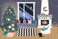 Christmas living room with a christmas tree and presents under it - modern scandinavian style, vector illustration Royalty Free Stock Photo