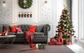 Christmas living room with a christmas tree and presents under i