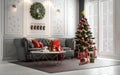 Christmas living room with a christmas tree and presents under i