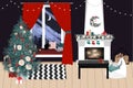 Christmas living room with a christmas tree and presents under it - modern scandinavian style, vector illustration Royalty Free Stock Photo
