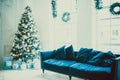 Christmas living room with a Christmas tree, sofa, gifts and a large window. Beautiful New Year decorated classic home interior Royalty Free Stock Photo