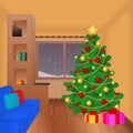 Christmas living room with xmas tree, presents, couch and decoration. Christmas card in cartoon style. Vector Royalty Free Stock Photo