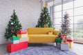 Christmas living room, Yellow sofa with Christmas trees and Christmas decorations Royalty Free Stock Photo