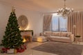 Christmas livingroom with fireplace, tree and presents