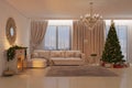 Christmas livingroom with fireplace, tree and presents Royalty Free Stock Photo