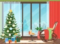 Christmas livingroom flat interior with rocking chair vector illustration. Christmas New Year tree. Winter landscape