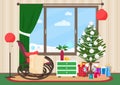 Christmas livingroom flat interior with rocking chair vector illustration. Christmas New Year tree. Winter landscape