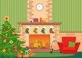 Christmas livingroom flat interior vector illustration. Christmas New Year tree and fireplace with socks. Christmas wall