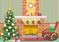 Christmas livingroom flat interior vector illustration. Christmas New Year tree and fireplace with socks. Christmas wall