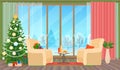 Christmas livingroom flat interior vector illustration. Christmas New Year tree. Winter outside.