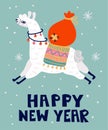 Christmas llama postcard. Winter white llama with santa claus gift bag on snowy background, merry xmas and happy new year