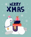 Christmas llama postcard. Winter white llama withwith present gift box on snowy background, merry xmas and happy new year