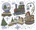 Christmas locomotive coloring book for children holiday sketch doodle set of individual elements of toys Royalty Free Stock Photo