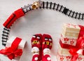 Christmas locomotive with gifts and Santa Claus