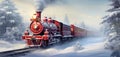 Christmas locomotive on a snowy track illustration,red vintage locomotive on a snowy track in winter, generative ai