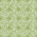 Christmas logo advent seamless pattern snowflake, gift box, house, garland, sock and tree on green background. Hand Royalty Free Stock Photo