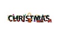 Christmas logo, sign, symbol. 3D title decorated with presents, Christmas tree branches, candy and garland isolated on white Royalty Free Stock Photo