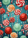 Christmas lollipops background. Merry Christmas and Happy New Year poster with christmas candies set flying over turquoise