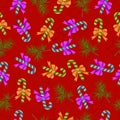 Christmas lollipops, fir sprigs seamless pattern on a red background.