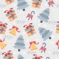 Christmas lollipops, gift, bell seamless pattern on gentle background.