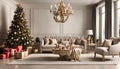 Christmas lounge with luxury armchairs, chic coffee table, majestic tree