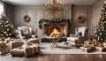 Christmas lounge with luxury armchairs, chic coffee table, majestic tree