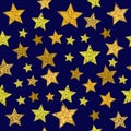 Vector Seamless Gold Grunge Glitter Stars on a Blue Background. Royalty Free Stock Photo