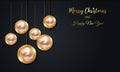 Christmas luxury holiday banner with gold handwritten Merry Christmas and Happy New Year, gol Christmas ball