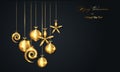 Christmas luxury holiday banner with gold handwritten Merry Christmas and Happy New Year greetings and gold colored Christmas ball Royalty Free Stock Photo
