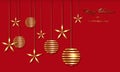 Christmas luxury holiday banner with gold handwritten Merry Christmas and Happy New Year greetings and gold colored Christmas ball Royalty Free Stock Photo