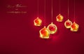 Christmas luxury holiday banner with gold handwritten Merry Christmas and Happy New Year greetings and golden Christmas balls