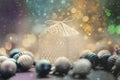 Christmas magic box lantern with ornaments and balls. Colorful bokeh lights. Royalty Free Stock Photo