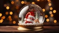Christmas magic glass dome with white snowball and Santa Claus hat on magic glass. generative ai