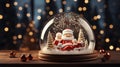 Christmas magic glass dome with white snowball and Santa Claus hat on magic glass. generative ai