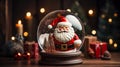 Christmas magic glass dome with white snowball and Santa Claus hat on magic glass. generative ai