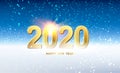 Christmas magic glow. Fantasy holiday blue background. Hapy new year greeting card. Vintage card with golden 2020 sign .