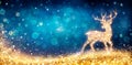 Christmas - Magic Golden Deer In Shiny Blue Royalty Free Stock Photo