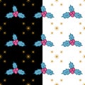 Christmas magic grid seamless pattern. Traditional omela plant, stars in blue, pink, yellow. White, black easy editable Royalty Free Stock Photo